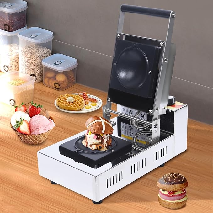 Commercial Ice Cream Burger Maker, 1000W Electric Burger Waffle Cone Maker Machine, 110V Ice Cream Sandwich Maker with Non-stick Baking Tray, Gelato Panini Press for Bakeries Restaurants Home