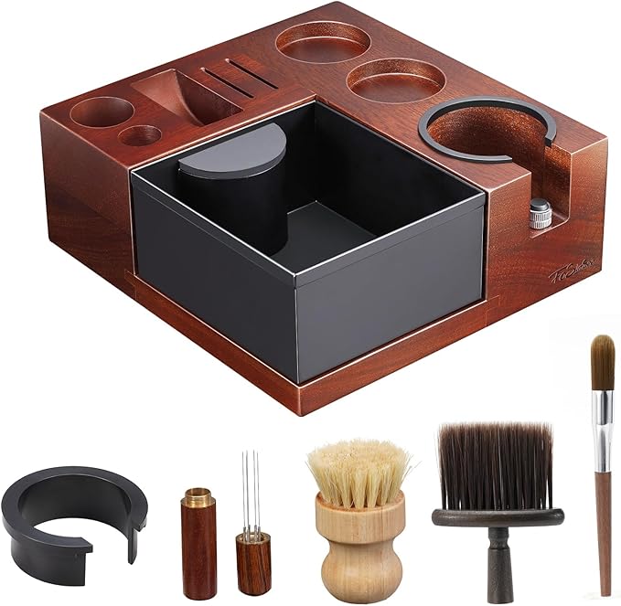 Espresso Knock Box, Walnut Tamping Station, 9 in 1 Coffee Organizer Box Fit for 51mm 54mm 58mm, Coffee Distributor & Portafilter, Espresso Accessories Kit
