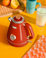 Load image into Gallery viewer, Hazel Quinn Retro Electric Kettle - 1.7 Liters / 57.5 Ounces Tea Kettle with Thermometer, All Stainless Steel, Fast Boiling 1200 W, BPA-free, Cordless, Rotational Base, Automatic Shut Off - Ruby Red