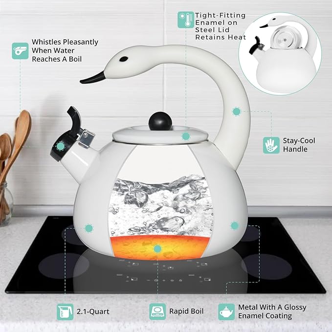 Whistling Tea Kettle for Stove Top Enamel on Steel Teakettle, Supreme Housewares White Swan Design Teapot Water Kettle Cute Kitchen Accessories Teteras (2.1 Quart, Swan)