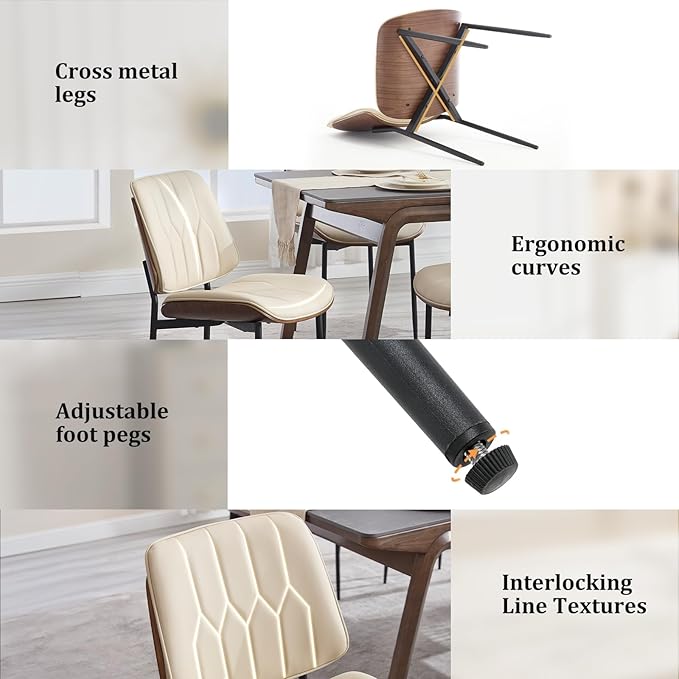 BV Mid Century Modern Dining Chairs Set of 6, Upholstered Pu Leather Armless Accent Chair with Walnut Bentwood Back, Retro Kitchen Chair for Dining Room, Living Room, Kitchen, Beige