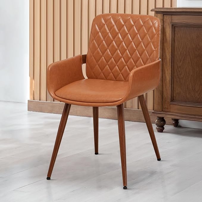 LUNLING Mid Century Modern Faux Leather Dining Room Chairs,Upholstered Seat Metal Legs Chairs Orange Faux Leather Kitchen Chair Reception Room Chair,1PCS