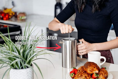 Barista Warrior French Press with Thermometer - Insulated Coffee Press - Stainless Steel Coffee Maker (1.0L | 34 fl oz) (White)