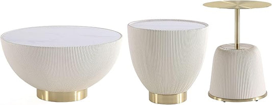 Manhattan Comfort Modern Anderson Coffee Table, 1.0 & 2.0 End Table, Upholstered in Cream Leatherette with Ceramic Faux Tabletop and Gold Metal Tabletop- Set of 3