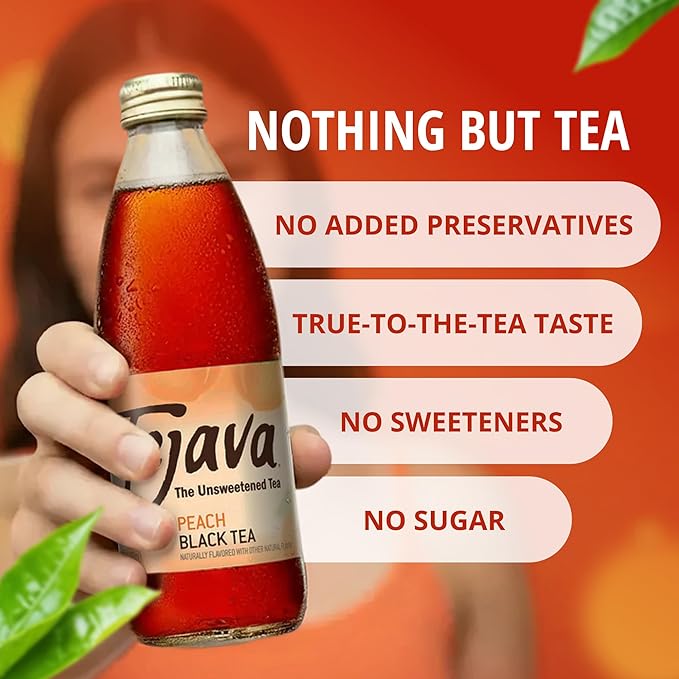 Tejava Peach Black Iced Tea, 4 Pack, 12oz Glass Bottles, Unsweetened, Non-GMO, Kosher, No Sugar or Sweeteners, No calories, No Preservatives, Brewed in Small Batches