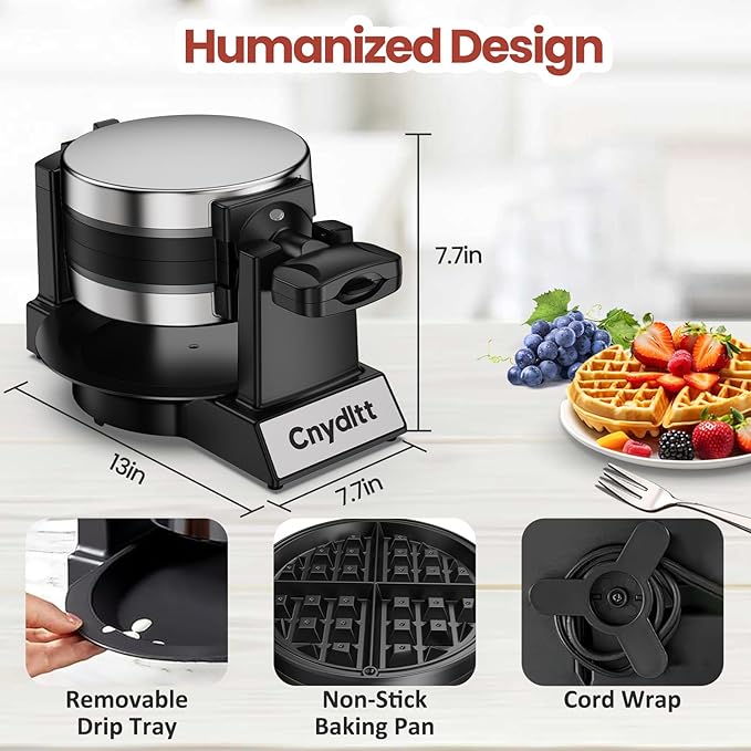 Double Waffle Maker, 1400W Rotating Belgian Waffle Iron with Nonstick Plates, 180° Flip, 8-Slice, Removable Drip Tray, Locking Lid & Cool Touch Handles, Stainless, Black
