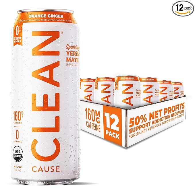 CLEAN Cause Zero Sugar Orange Ginger Yerba Mate Tea Sparkling, USDA Organic Energy Drink Alternative, Zero Calorie, 160mg Natural Caffeine, Soda Alternative, Plant-Based (16oz cans, 12-Pack Case)