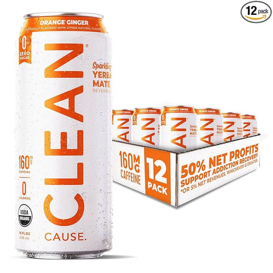 CLEAN Cause Zero Sugar Orange Ginger Yerba Mate Tea Sparkling, USDA Organic Energy Drink Alternative, Zero Calorie, 160mg Natural Caffeine, Soda Alternative, Plant-Based (16oz cans, 12-Pack Case)