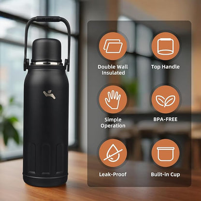 Insulated Water Bottle with Handle and Strap,Vacuum Travel Tumbler with Cup Lid,Thermo Coffee Cup for Hot Cold Drinks 50 OZ,Black