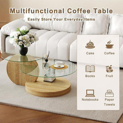 42 Inch Glass Coffee Table，Round Coffee Table with 2-Tier Tempered Glass Tabletop，Easy to Clean Circle Coffee Table with Sturdy Base for Living Room，Office （Wood-Colored Base）