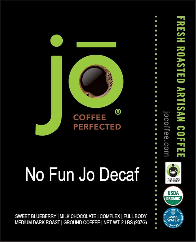 NO FUN JO DECAF: 2 lb, Organic Decaf Ground Coffee, Swiss Water Process, Fair Trade Certified, Medium Dark Roast, 100% Arabica Coffee, USDA Certified Organic, Chemical & Gluten Free by Jo Coffee®