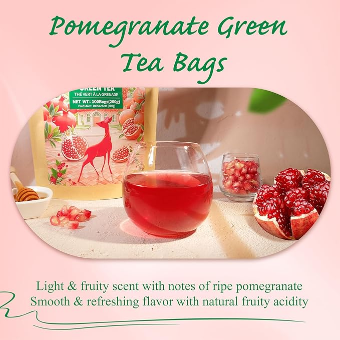 WT WEETEE Pomegranate Green Tea Bags 100 Count, Made of Sencha Green Tea with Pomegranate Flavor, Hibiscus & More, Caffeinated Tea