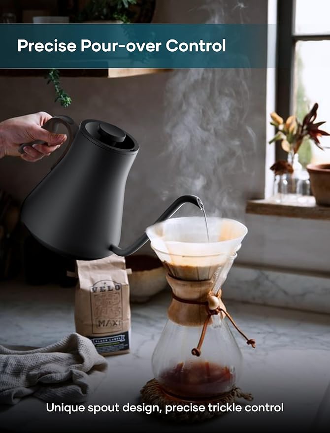 Electric Kettle, Gooseneck Electric Kettle, ±1℉ Precise Temperature Control, Stainless Steel Interior, Quick Heating for Pour Over Coffee, Tea & Boiling Water, 0.9L (Wood Black)