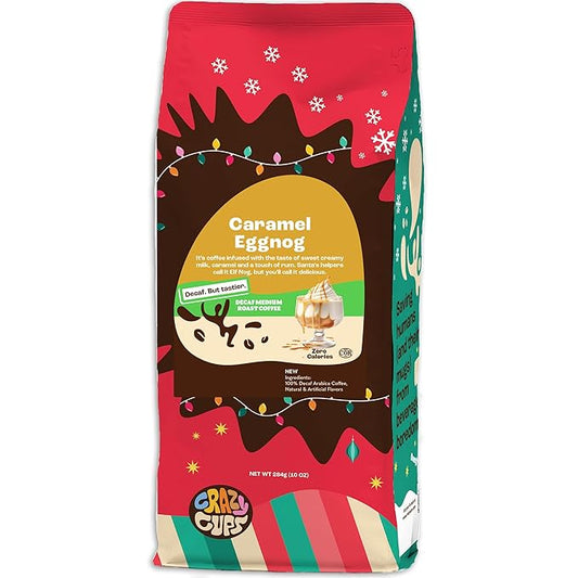 Crazy Cups Flavored Ground Decaf Eggnog Coffee, Decaffeinated Caramel Eggnog in 10 oz Bag, For Brewing Flavored Hot or Iced Coffee, (Pack of 1)