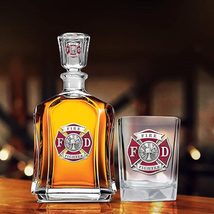 Heritage Pewter Firefighter Square Shot Glass | Hand-Sculpted 1.5 Ounce Shot Glass | Intricately Crafted Metal Pewter Alma Mater Inlay