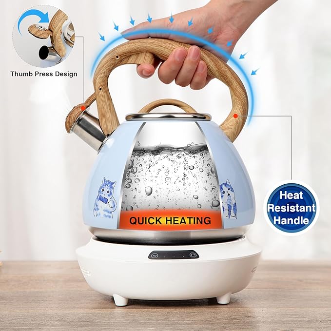 Tea Kettle, Toptier Teapot Whistling Kettle with Wood Pattern Handle Loud Whistle, Food Grade Stainless Steel Tea Pot for Stovetops Induction Water Kettle, 2.7-Quart Blue Cat