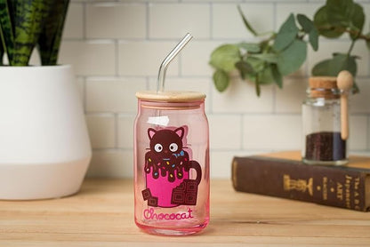 Silver Buffalo Sanrio Hello Kitty & Friends Chococat Chocolate Pink Glass Jar Tumbler with Bamboo Lid and Glass Straw, 16 Ounces