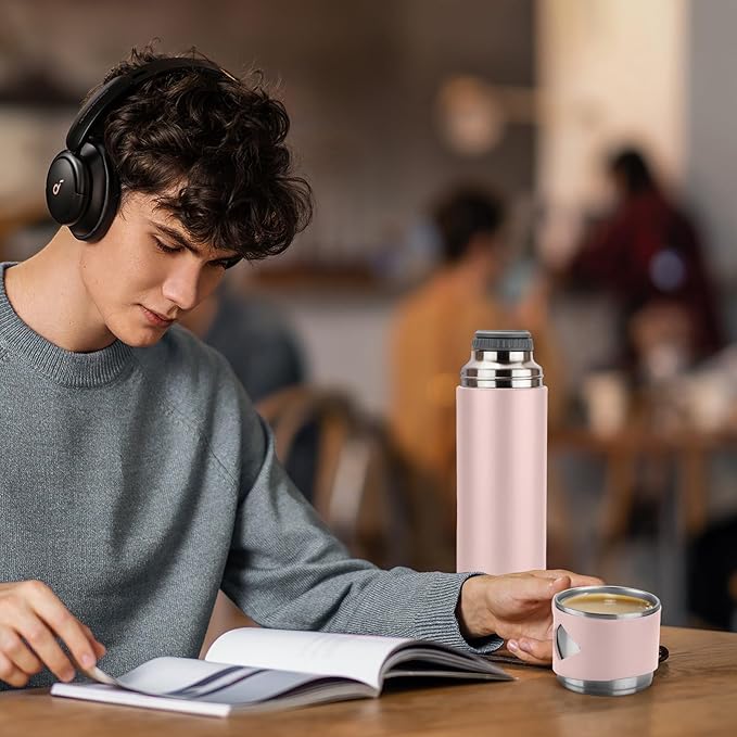 Stainless Steel Thermo 700ml/23.7oz Vacuum Insulated Bottle with Cup for Coffee Hot drink and Cold drink water flask.(Pink,Set)