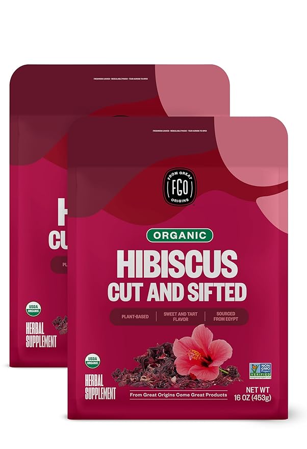 FGO Organic Hibiscus Flowers, Cut and Sifted Loose Tea, 16 Ounce Bulk Resealable Bag (Pack of 2)