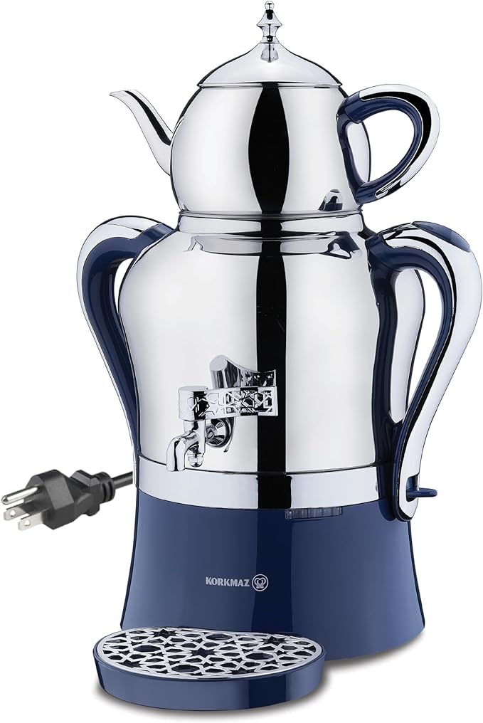 Korkmaz Hanedan A843-03 Stainless Steel Samovar, Upper Pot 1.3 L (43.9 Oz), Bottom Pot 3.5 L (118.3 Oz) Electric Turkish Tea Maker Set, Double Pots Tea Machine, Inox, Chrome, 110 V US Plug, 5.1- Quart