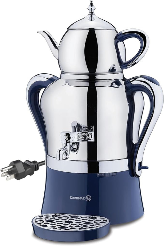Korkmaz Hanedan A843-03 Stainless Steel Samovar, Upper Pot 1.3 L (43.9 Oz), Bottom Pot 3.5 L (118.3 Oz) Electric Turkish Tea Maker Set, Double Pots Tea Machine, Inox, Chrome, 110 V US Plug, 5.1- Quart