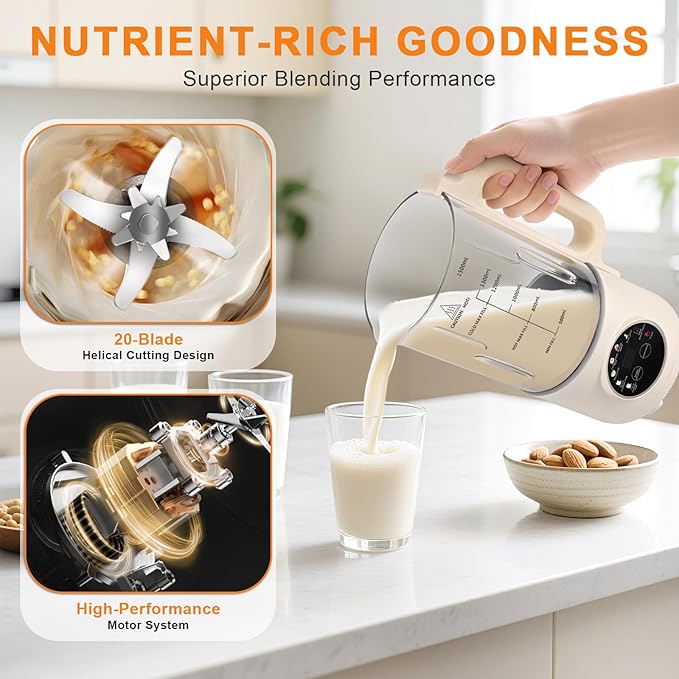 50oz Nut Milk Maker, 10-in-1 Automatic Nut Milk Machine with 20 Blades, Almond Milk Maker for Plant Based Milks Homemade Oat, Soy Milk Machine with Delay Start, Keep Warm, Auto Clean