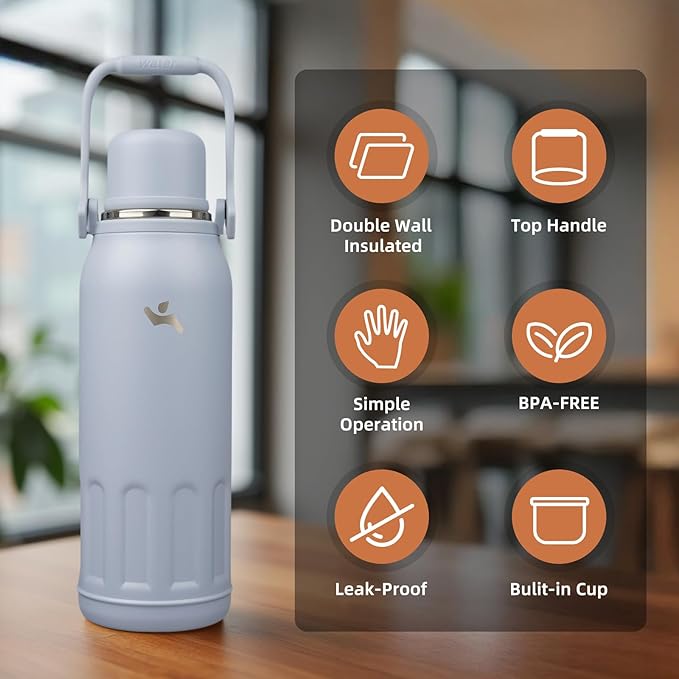 Insulated Water Bottle with Handle and Strap,Vacuum Travel Tumbler with Cup Lid,Thermo Coffee Cup for Hot Cold Drinks 50 OZ,Blue Haze