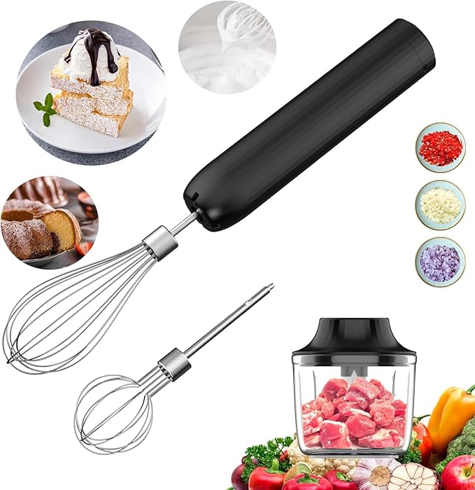 Electric Hand Mixer with Whisk, Handheld Electric Whisk, Hand Blender Set for Mini Food Processor, Rechargeable Cordless Handheld Mixer, Small Food Chopper for Dicing, Mincing, and Puree, 4-Speed,10Oz