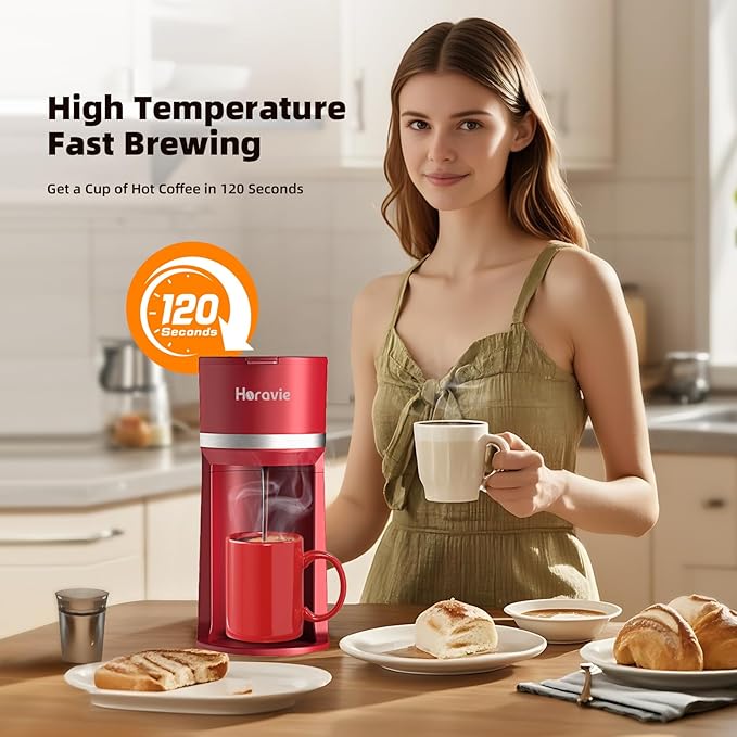 Mini Single Serve Coffee Maker for K Cup and Ground Coffee, Fast Brew One Cup Coffee Machine with Descaling Reminder and Water Window, 6 to 12 oz. Brew Sizes, Red