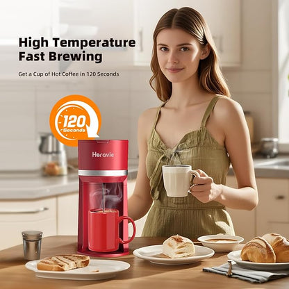 Mini Single Serve Coffee Maker for K Cup and Ground Coffee, Fast Brew One Cup Coffee Machine with Descaling Reminder and Water Window, 6 to 12 oz. Brew Sizes, Red