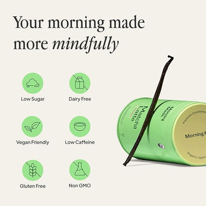Morning Made Vanilla Flavored Ceremonial Grade Matcha Powder | 8.46oz (240g) Resealable Tin | 60 Servings Premium Japanese Green Tea | Sweetened with Organic Sugar | Rich in Antioxidants & Energy Boosting