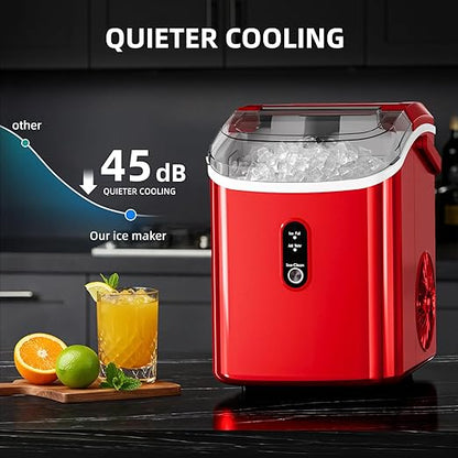 Nugget Countertop Ice Maker with Soft Chewable Pellet Ice, 34Lbs/24H,Pebble Portable Ice Machine with Ice Scoop, Self-Cleaning, One-Click Operation, for Kitchen/Office/Bar, Red