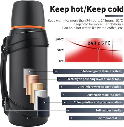 Large Thermosflask- 64oz Stainless Steel Insulated Bottle for Travel with BPA Free Cup - 2.0L Oversized Vacuum Insulated Thermoses with Handle and Strap for Hot & Cold Drinks(Black)