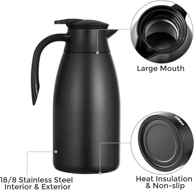 Tiken 85 Oz Thermal Coffee Carafe, Stainless Steel Insulated Vacuum Coffee Carafes For Keeping Hot, 2.5 Liter Beverage Dispenser (Black)