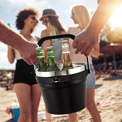 COKTIK 7L Vacuum Insulated Ice Bucket with Lid and Scoop& Tongs，Large capacity Stainless Steel Beverage Bucket for Cocktail, Champagne, Wine, Beer，Large Parties（Carbon Black Suit）