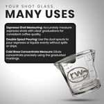 Load image into Gallery viewer, Rattleware 3 oz Espresso Shot Glass Pitcher – Double Spouted Genuine Barista Measuring Cup with White Graduations in ml &amp; oz – High-Volume, Commercial-Grade for Swift Espresso Pouring &amp; Precision