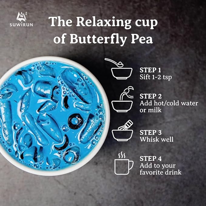 Suwirun Organic Butterfly Pea Powder 4oz – Natural Blue Tea & Superfood – Perfect for Color-Changing Drinks, Baking & Lattes – Premium Thai Herb