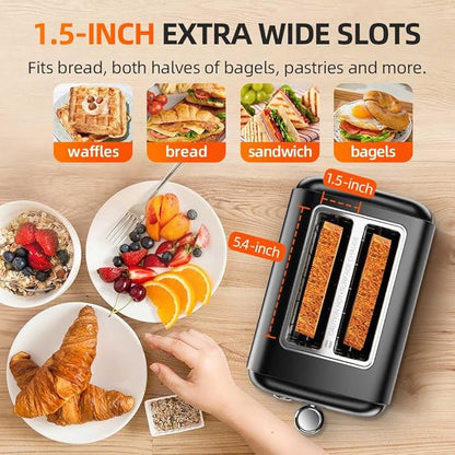 Black Toaster 2 Slice, Extra Wide Slot Toaster for Bagels, Bread, Waffles, 7 Shade Settings, 4 Main Functions, Removable Crumb Tray, 900 Watts Toasters, Black Stainless Steel