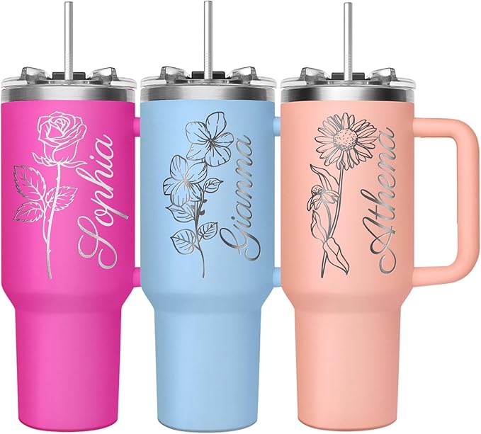 Personalized 40oz Coffee Tumbler with Text Name, Custom Stainless Steel Travel Mug with Lid and Birth Flower, Custom Mug Coffee Cup - Personalized Christmas Gifts for Women Mom