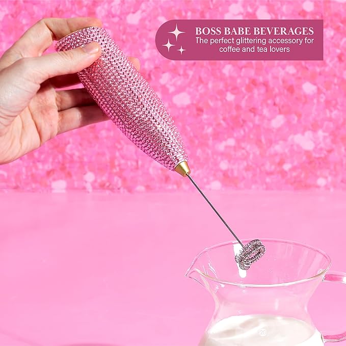 Paris Hilton Electric Rhinestone Handheld Milk Frother with Double Coil Head Whisk and Gold Metal Stand, Battery Powered (2 AA Batteries Required but Not Included), Pink