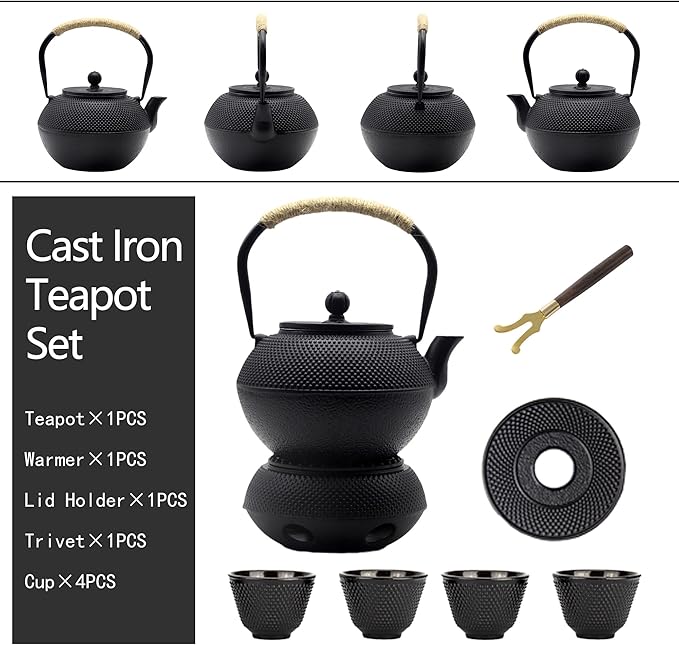 40.6oz Cast Iron Teapot Set with Cast Iron Warmer, Japanese Tetsubin Tea Kettle Set with Cups,Cast Iron Teapot with Stainless Steel Infuser and Enameled Interior for Stovetop Safe(1200ml)