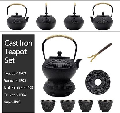40.6oz Cast Iron Teapot Set with Cast Iron Warmer, Japanese Tetsubin Tea Kettle Set with Cups,Cast Iron Teapot with Stainless Steel Infuser and Enameled Interior for Stovetop Safe(1200ml)