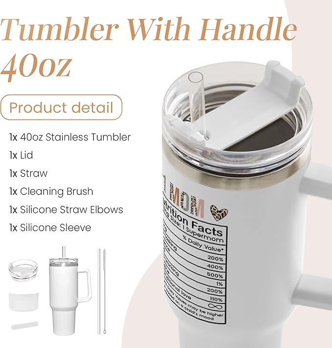 Mom Gifts for Women Mom Nutrition Facts Tumbler Stainless Steel 40oz with Handle Insulated Travel Cup Best Mom Ever Coffee Cup, Mother's Day Christmas Birthday Gifts from Son Daughter