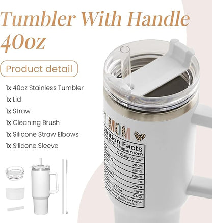 Mom Gifts for Women Mom Nutrition Facts Tumbler Stainless Steel 40oz with Handle Insulated Travel Cup Best Mom Ever Coffee Cup, Mother's Day Christmas Birthday Gifts from Son Daughter