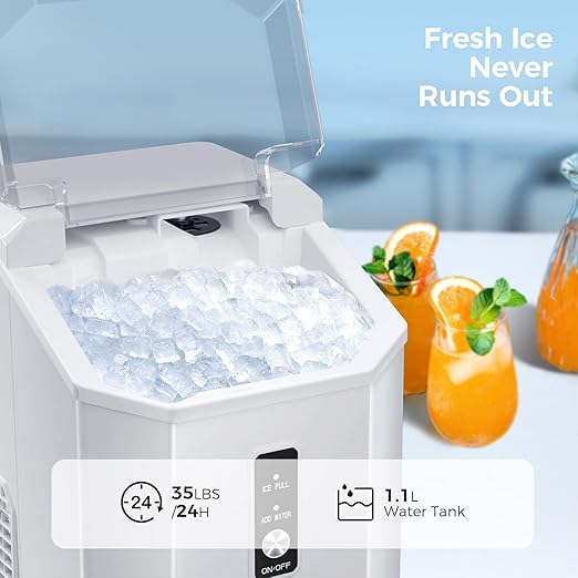 AGLUCKY Nugget Ice Maker Countertop, Portable Crushed Ice Maker Machine with Handle, 35lbs/24H, One-Click Operation, Self Cleaning Ice Machine for Home/Kitchen/Office(Grey)