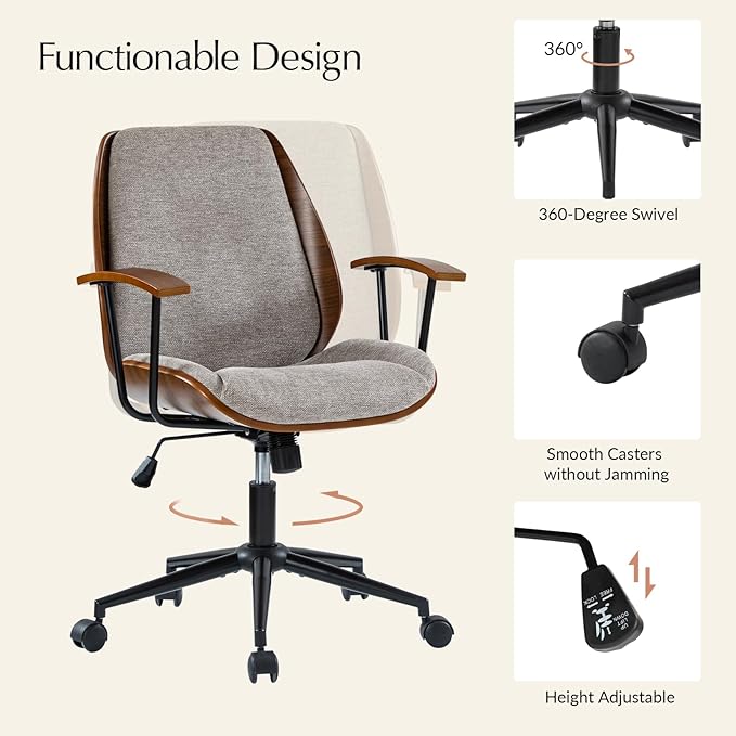 HULALA HOME Solid Wood Office Chair with Rocking Function, Comfy Fabric Desk Chair with Bent Wood and Metal Base, Height Adjustable Swivel Computer Task Chair, Tan