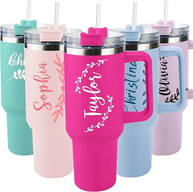 ThermoThrill Ships Next Day, Personalized 40 Oz Tumbler with Handle and Straw Custom Tumbler with Text Stainless Steel Mug Birthday Gifts for Women