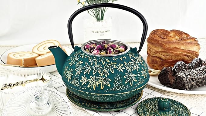 Large Japanese Cast Iron Teapot Capacity 40Oz with Trivet and Loose Leaf Tea Infuser, Cast Iron Tea Kettle Stovetop Safe. Tetsubin Coated with Enamel Interior - Green Teapot