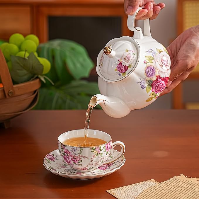 Flower Ceramic Teapot,22oz Porcelain Tea pot for Tea Coffee Milk for Office Home Men Women as Gift (Rose)