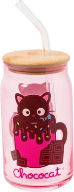 Load image into Gallery viewer, Silver Buffalo Sanrio Hello Kitty &amp; Friends Chococat Chocolate Pink Glass Jar Tumbler with Bamboo Lid and Glass Straw, 16 Ounces